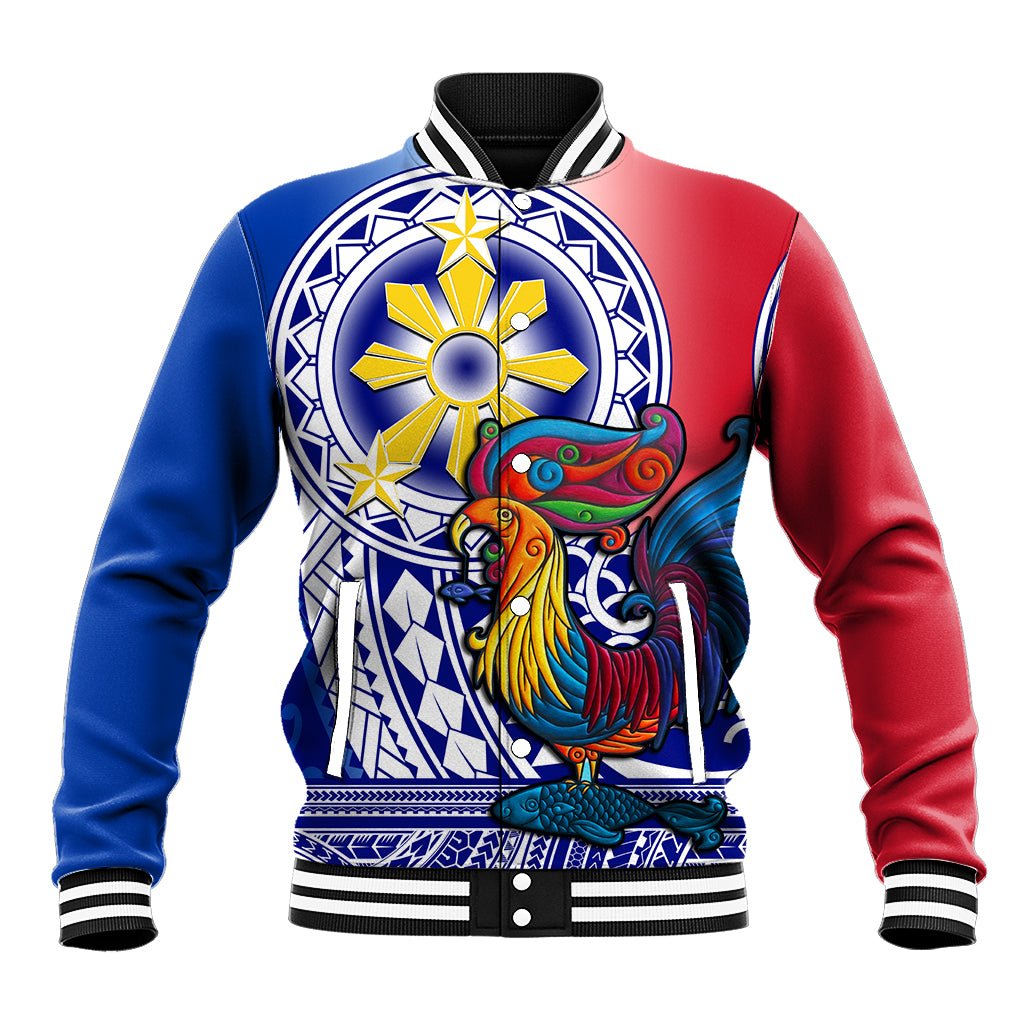 Unisex baseball jacket, blue/red with striped collar and graphic front artwork