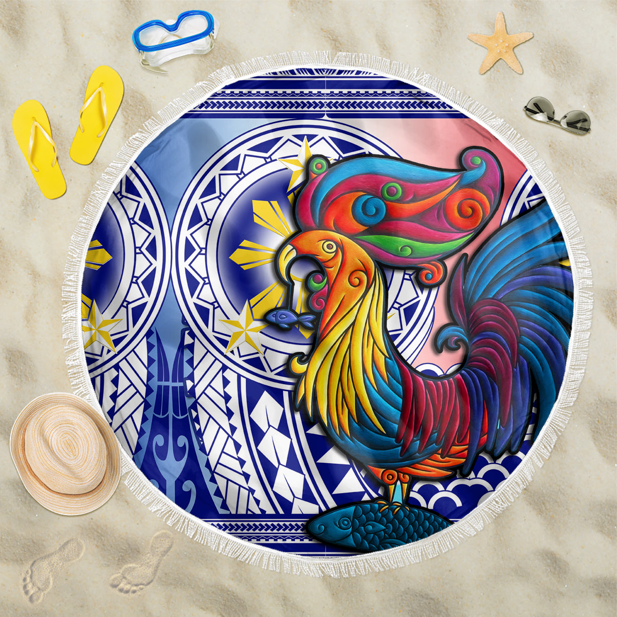 Personalised Philippines Beach Blanket Filipino Sarimanok With Polynesian Tattoo - Wonder Print Shop