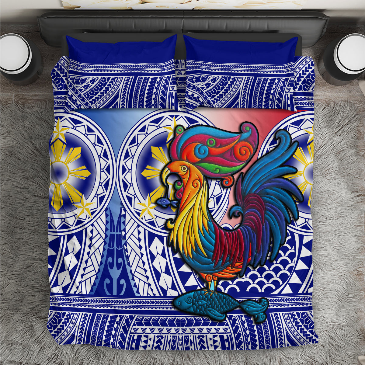 Blue bedding set with colorful sarimanok rooster and tribal patterns