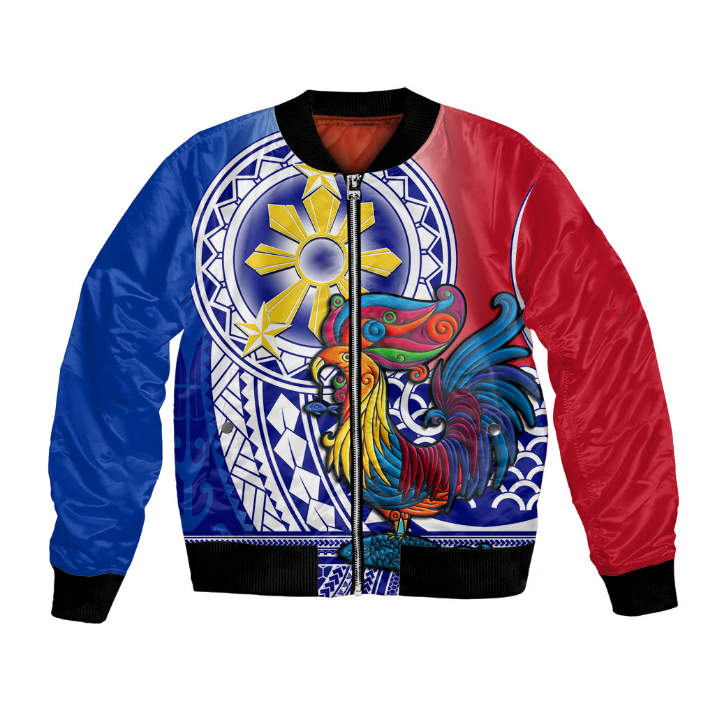 Blue and red bomber jacket with rooster emblem and geometric graphic