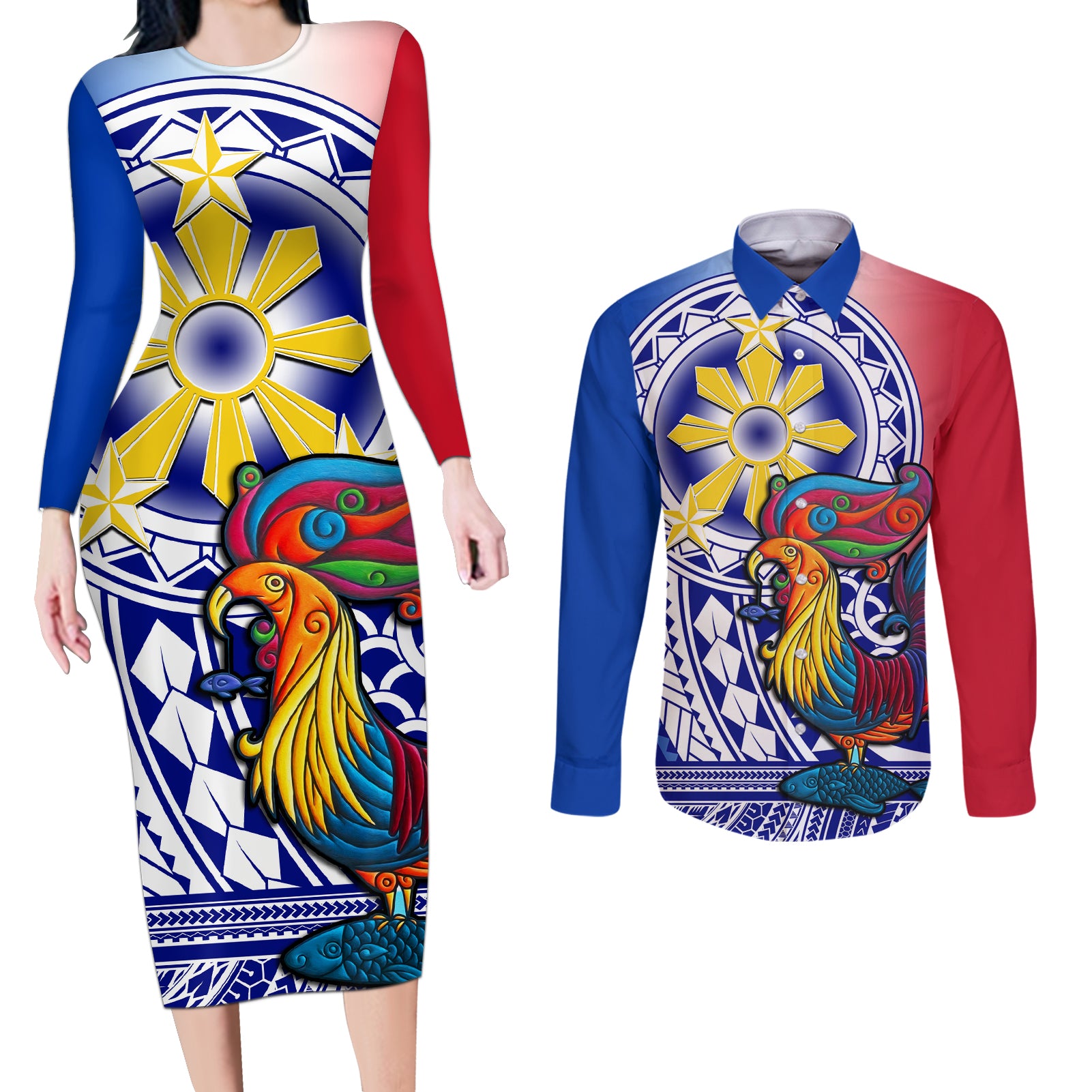 Personalised Philippines Couples Matching Long Sleeve Bodycon Dress and Long Sleeve Button Shirt Filipino Sarimanok With Polynesian Tattoo - Wonder Print Shop