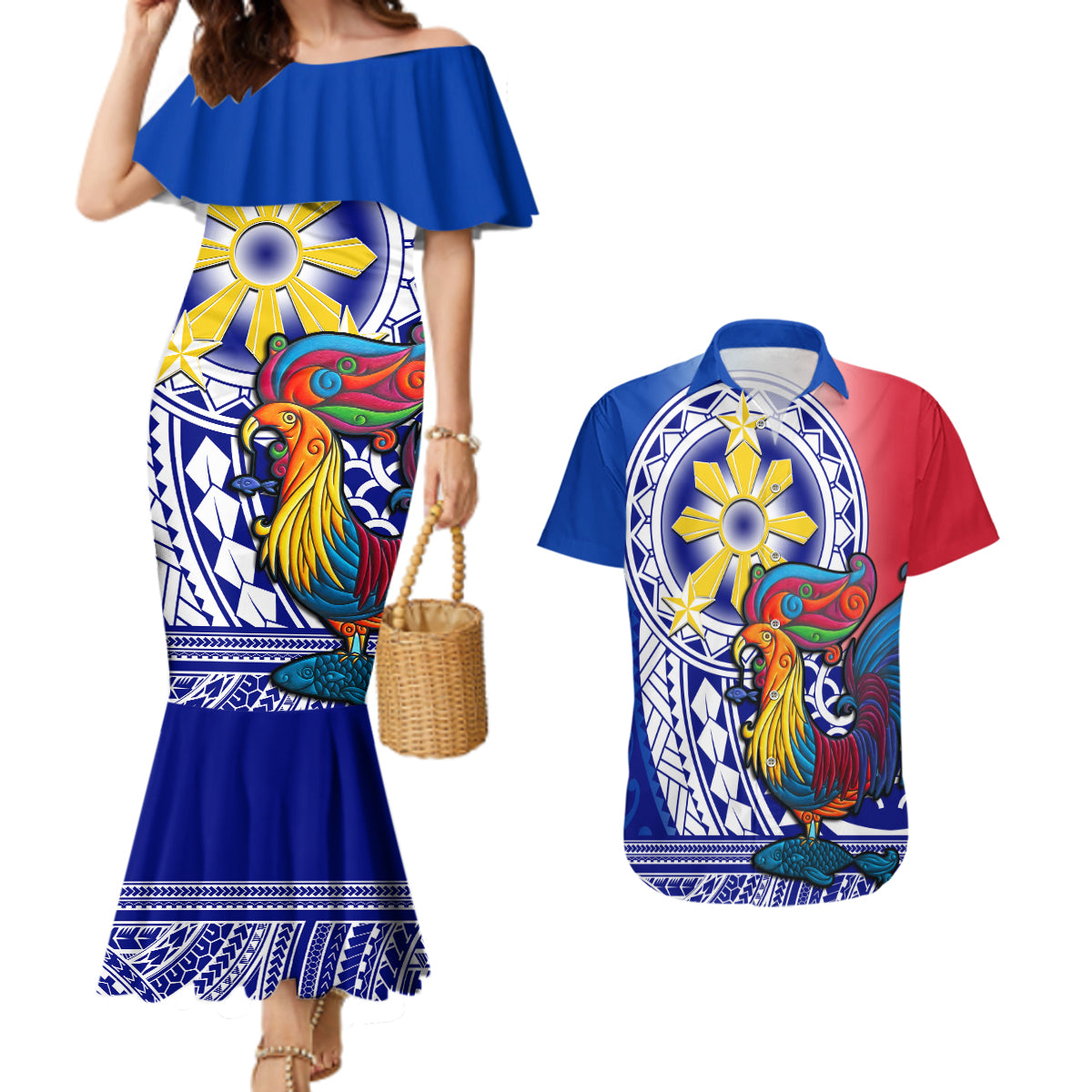 Personalised Philippines Couples Matching Mermaid Dress and Hawaiian Shirt Filipino Sarimanok With Polynesian Tattoo - Wonder Print Shop