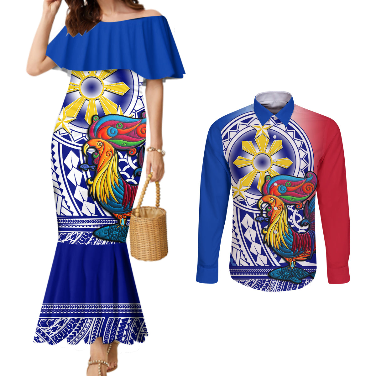 personalised-philippines-couples-matching-mermaid-dress-and-long-sleeve-button-shirt-filipino-sarimanok-with-polynesian-tattoo