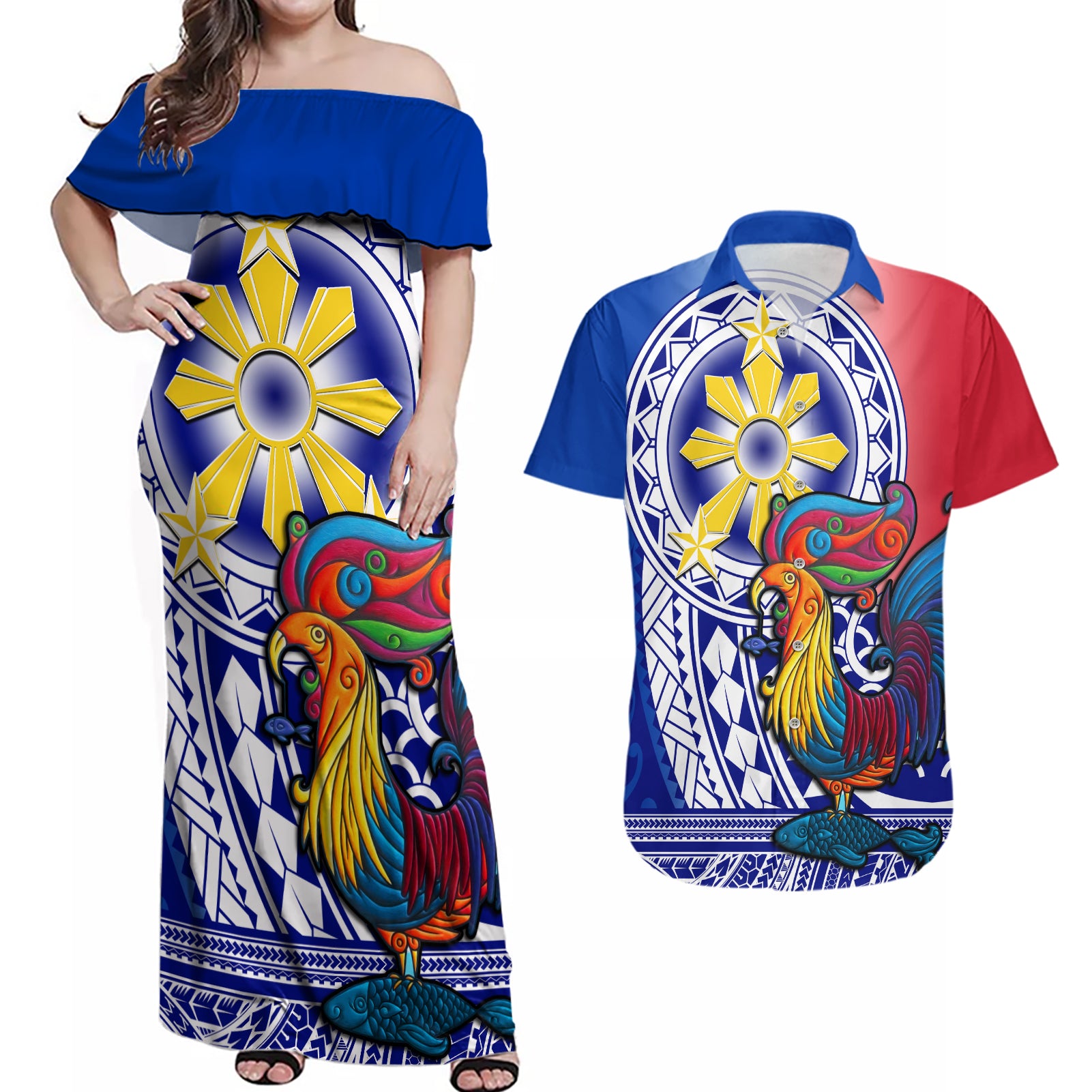 Personalised Philippines Couples Matching Off Shoulder Maxi Dress and Hawaiian Shirt Filipino Sarimanok With Polynesian Tattoo - Wonder Print Shop