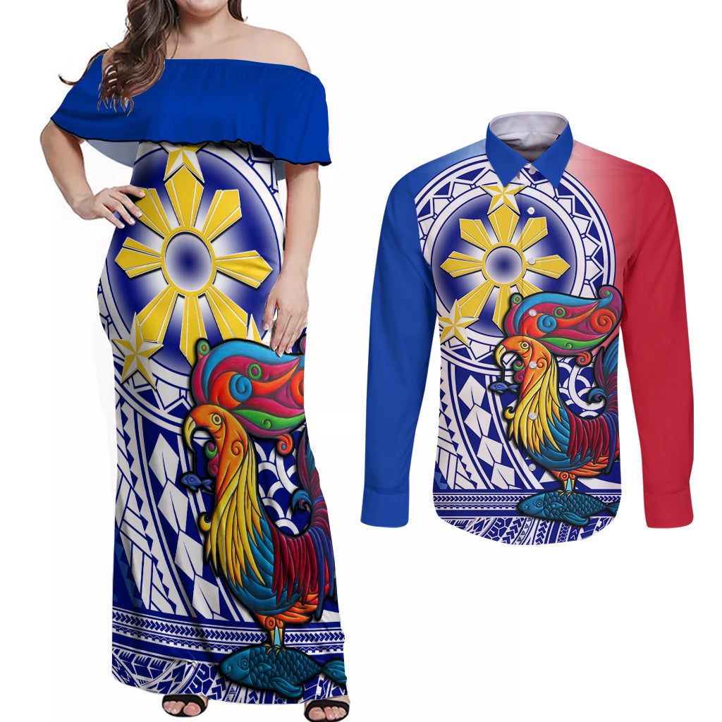 Personalised Philippines Couples Matching Off Shoulder Maxi Dress and Long Sleeve Button Shirt Filipino Sarimanok With Polynesian Tattoo - Wonder Print Shop