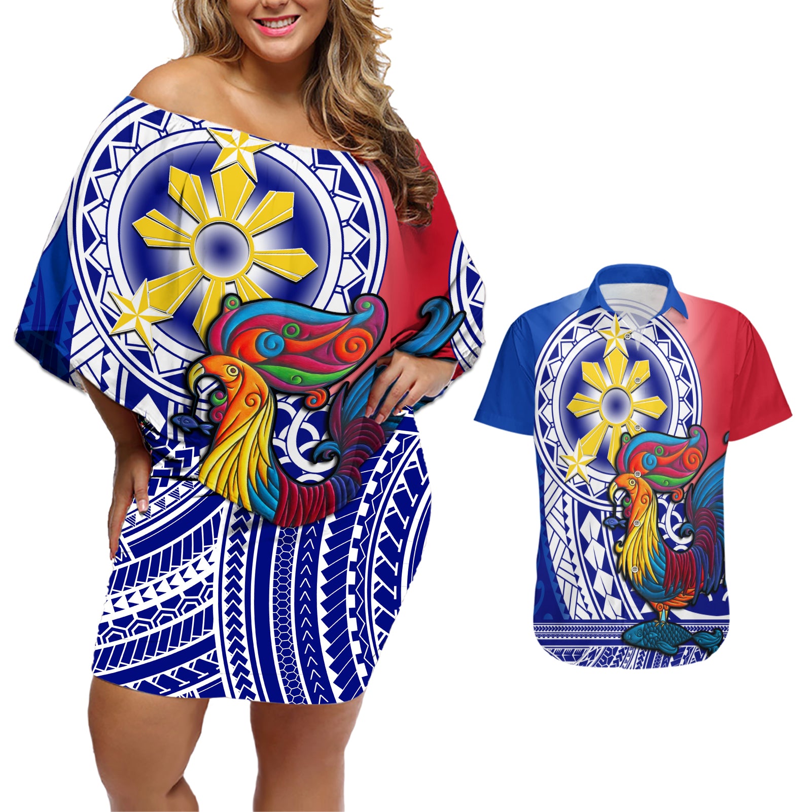 Personalised Philippines Couples Matching Off Shoulder Short Dress and Hawaiian Shirt Filipino Sarimanok With Polynesian Tattoo - Wonder Print Shop