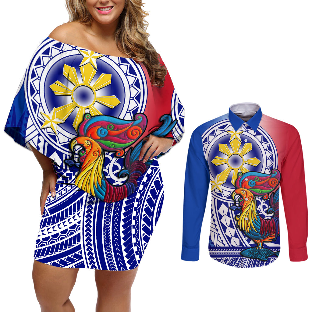 Personalised Philippines Couples Matching Off Shoulder Short Dress and Long Sleeve Button Shirt Filipino Sarimanok With Polynesian Tattoo - Wonder Print Shop