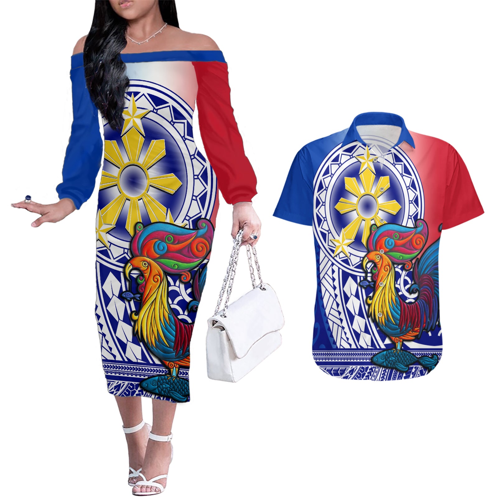 Personalised Philippines Couples Matching Off The Shoulder Long Sleeve Dress and Hawaiian Shirt Filipino Sarimanok With Polynesian Tattoo - Wonder Print Shop