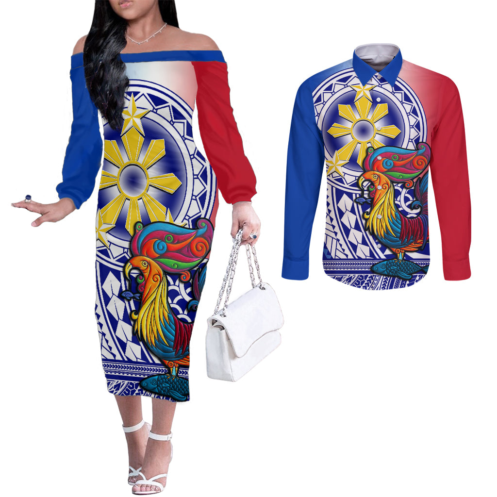 personalised-philippines-couples-matching-off-the-shoulder-long-sleeve-dress-and-long-sleeve-button-shirt-filipino-sarimanok-with-polynesian-tattoo