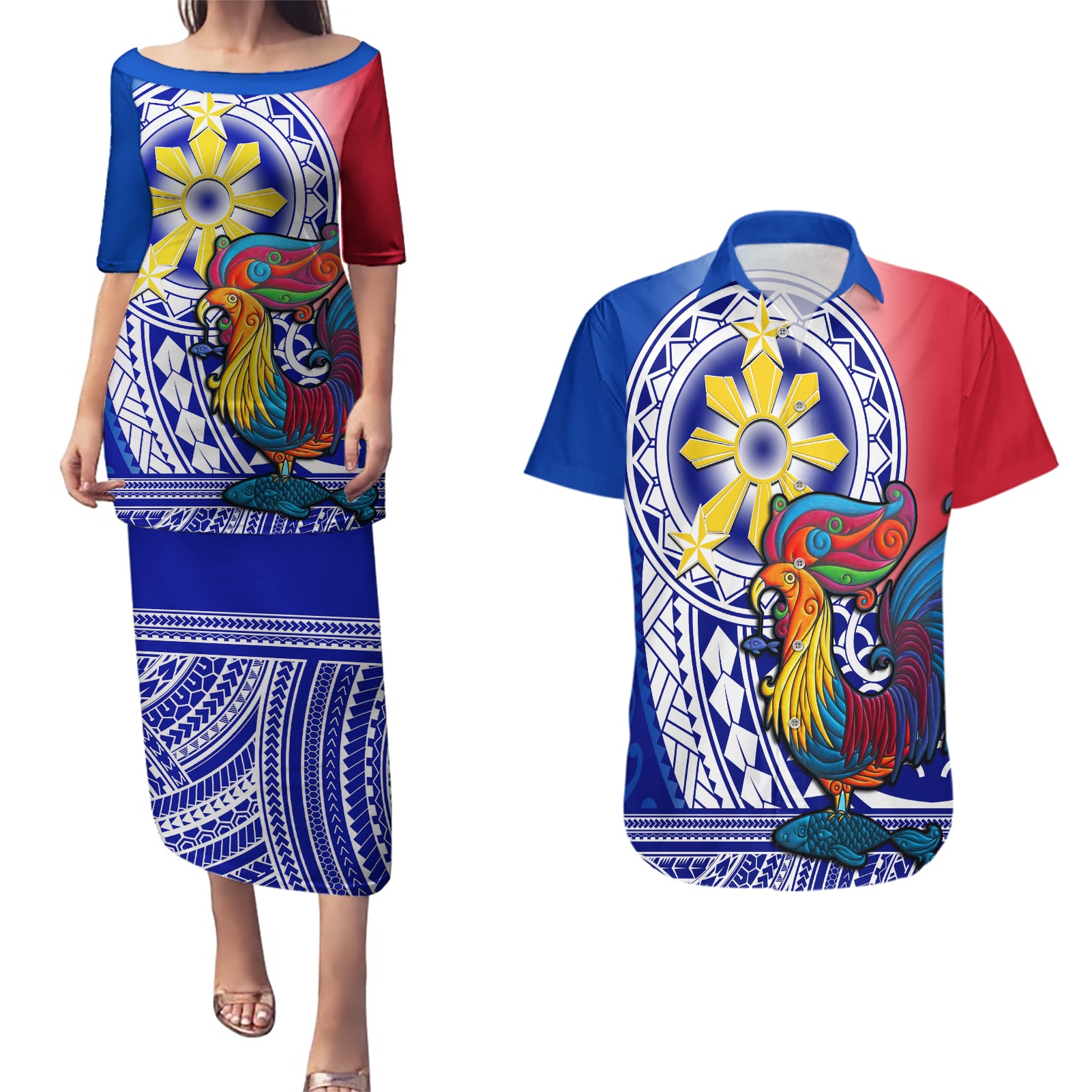 Personalised Philippines Couples Matching Puletasi Dress and Hawaiian Shirt Filipino Sarimanok With Polynesian Tattoo - Wonder Print Shop