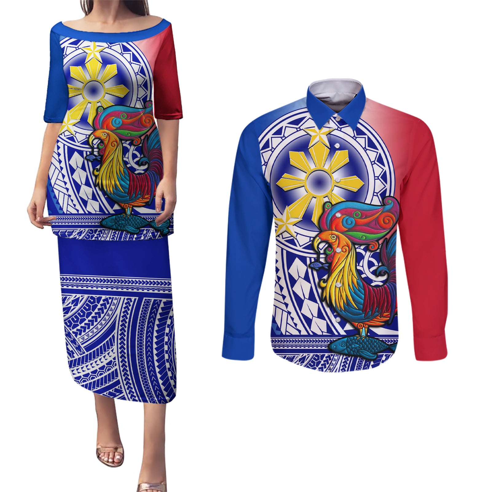 Personalised Philippines Couples Matching Puletasi Dress and Long Sleeve Button Shirt Filipino Sarimanok With Polynesian Tattoo - Wonder Print Shop