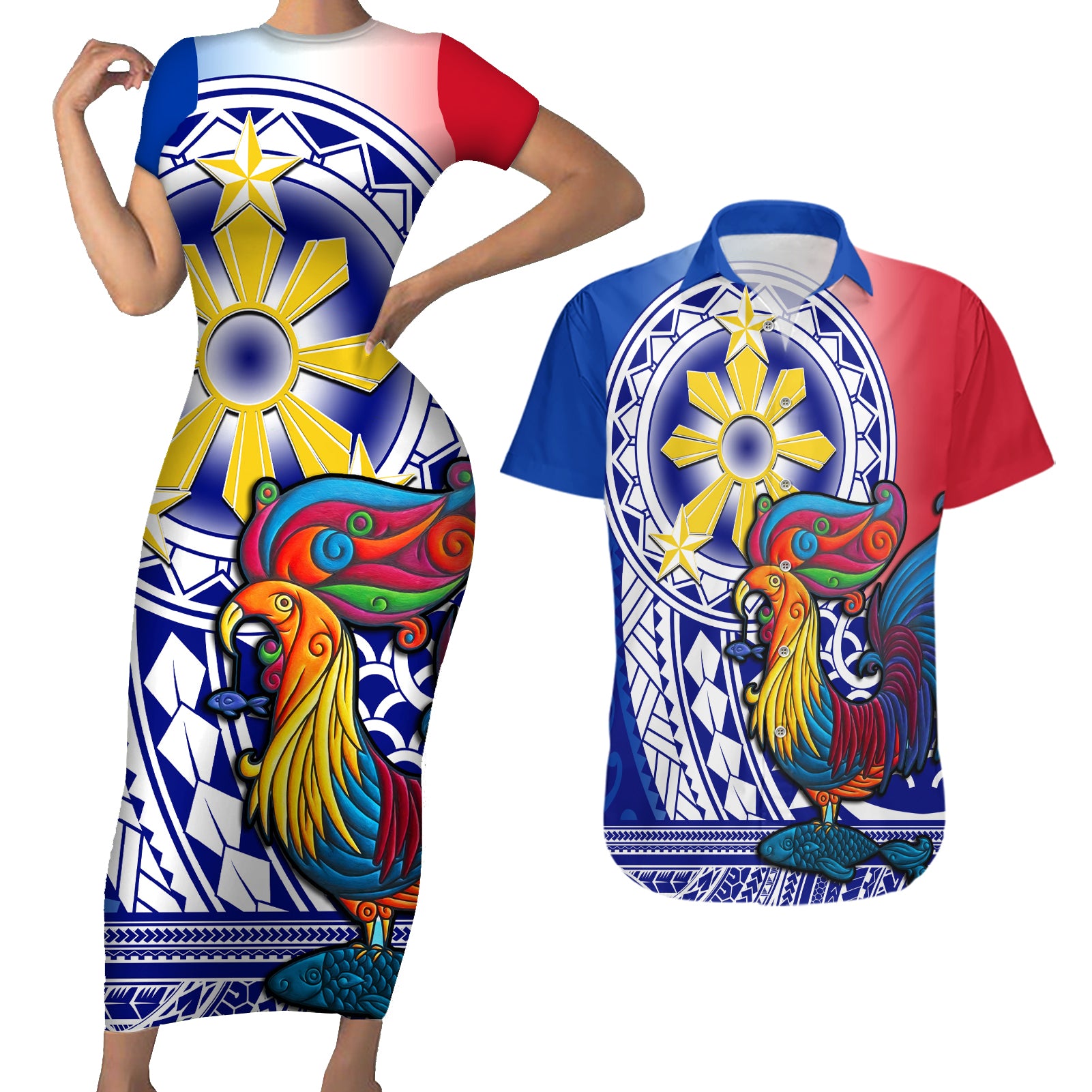 Personalised Philippines Couples Matching Short Sleeve Bodycon Dress and Hawaiian Shirt Filipino Sarimanok With Polynesian Tattoo - Wonder Print Shop