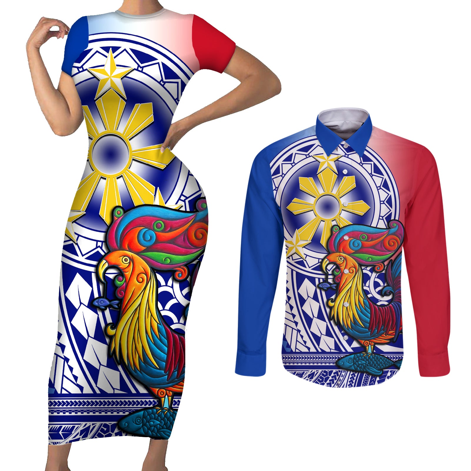 Personalised Philippines Couples Matching Short Sleeve Bodycon Dress and Long Sleeve Button Shirt Filipino Sarimanok With Polynesian Tattoo - Wonder Print Shop