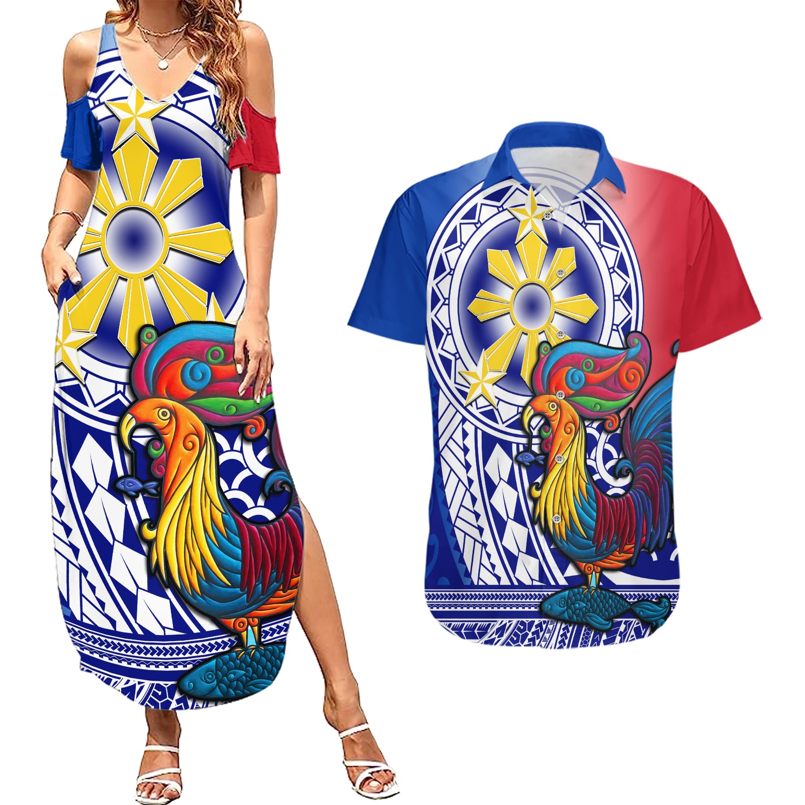 Personalised Philippines Couples Matching Summer Maxi Dress and Hawaiian Shirt Filipino Sarimanok With Polynesian Tattoo - Wonder Print Shop