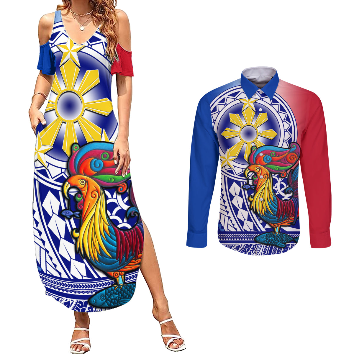 Personalised Philippines Couples Matching Summer Maxi Dress and Long Sleeve Button Shirt Filipino Sarimanok With Polynesian Tattoo - Wonder Print Shop