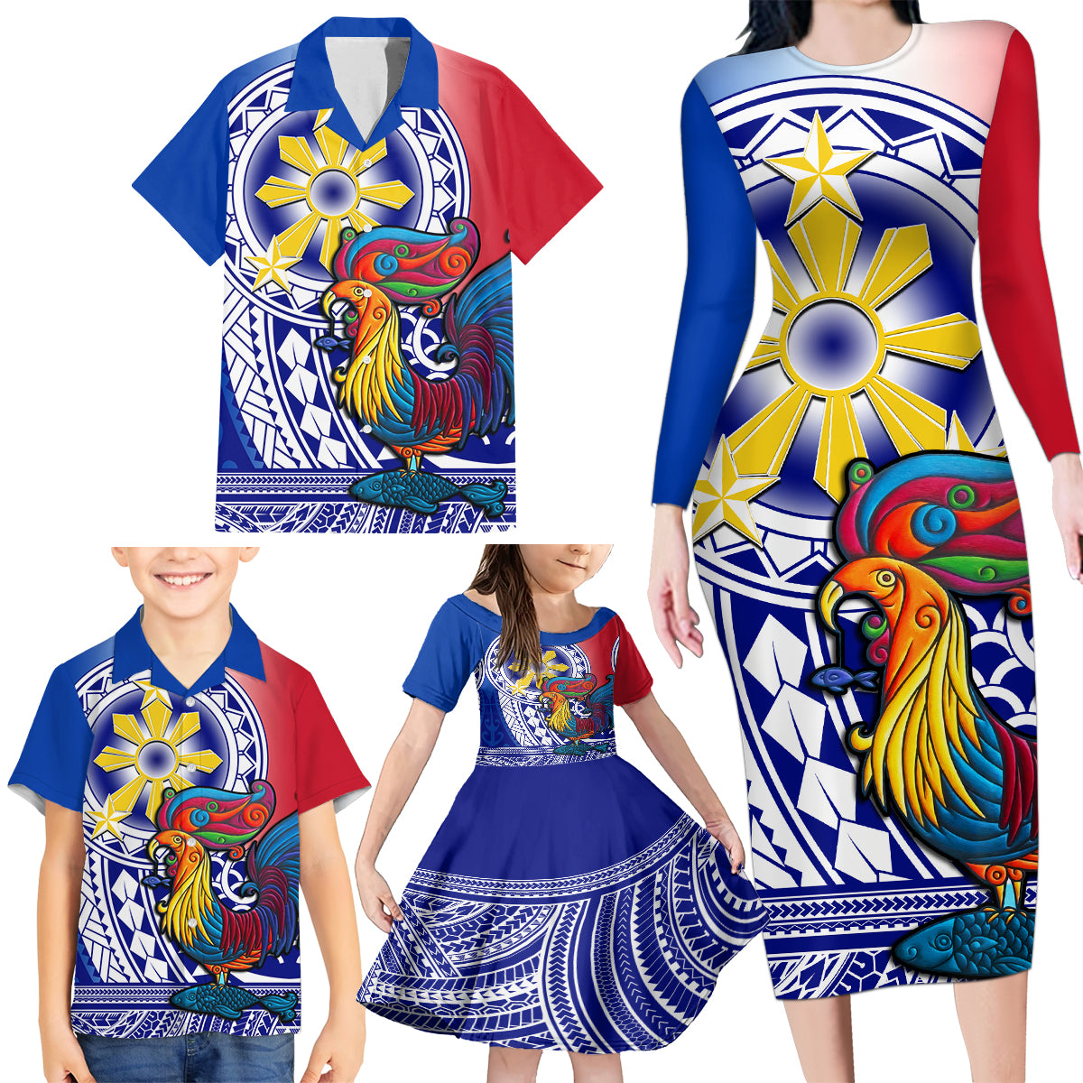 Personalised Philippines Family Matching Long Sleeve Bodycon Dress and Hawaiian Shirt Filipino Sarimanok With Polynesian Tattoo - Wonder Print Shop