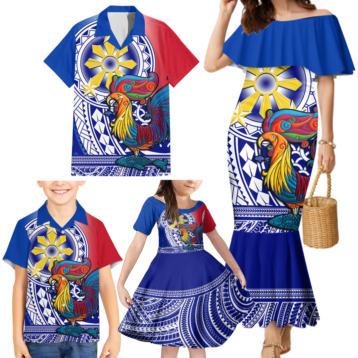 Personalised Philippines Family Matching Mermaid Dress and Hawaiian Shirt Filipino Sarimanok With Polynesian Tattoo - Wonder Print Shop