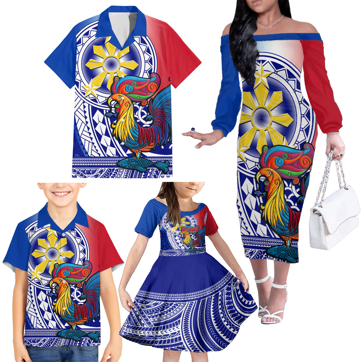 Personalised Philippines Family Matching Off Shoulder Long Sleeve Dress and Hawaiian Shirt Filipino Sarimanok With Polynesian Tattoo - Wonder Print Shop