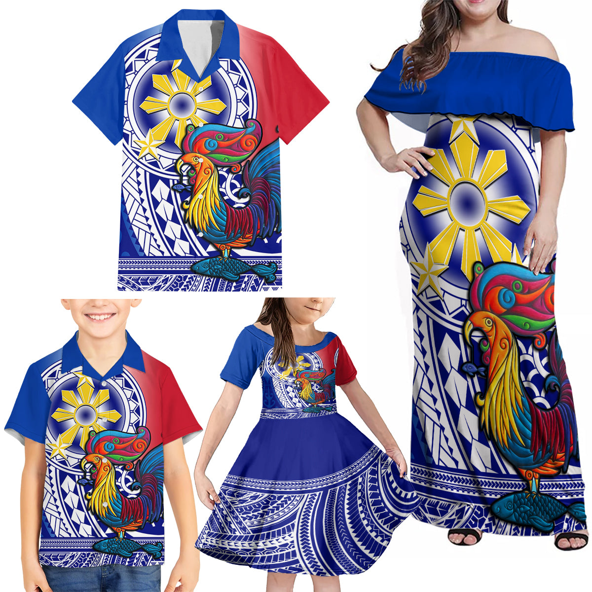 Personalised Philippines Family Matching Off Shoulder Maxi Dress and Hawaiian Shirt Filipino Sarimanok With Polynesian Tattoo - Wonder Print Shop