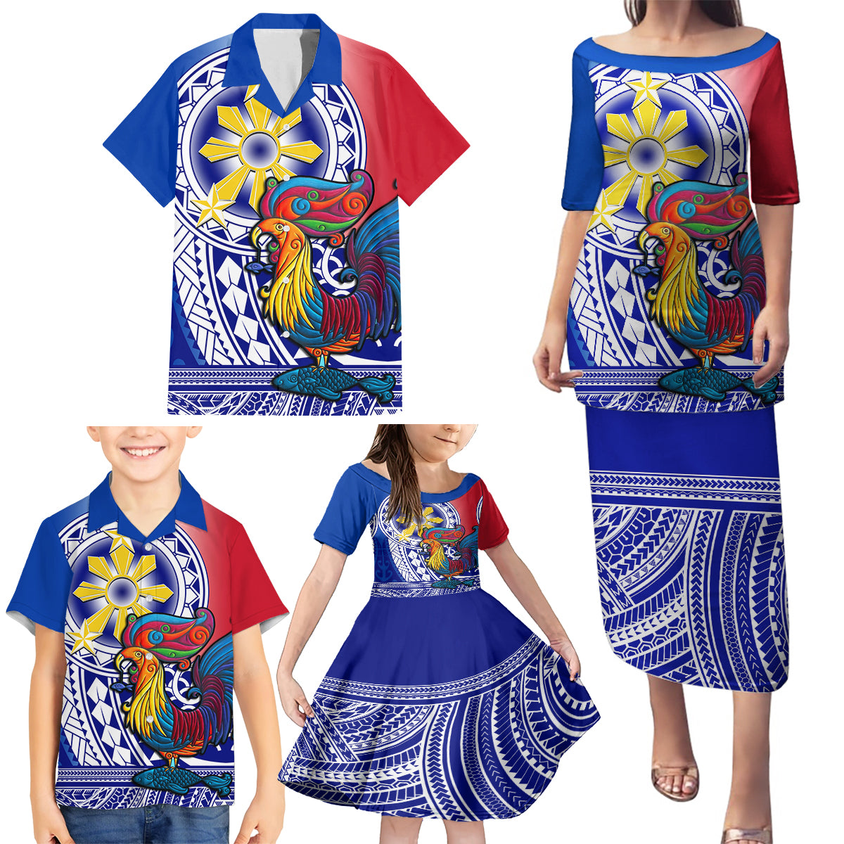 Personalised Philippines Family Matching Puletasi Dress and Hawaiian Shirt Filipino Sarimanok With Polynesian Tattoo - Wonder Print Shop