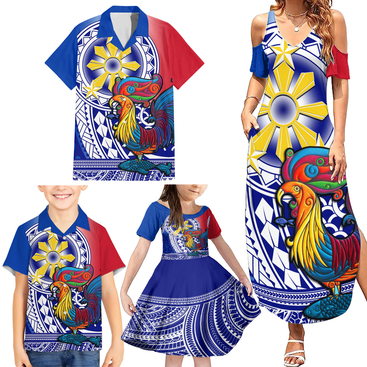 Personalised Philippines Family Matching Summer Maxi Dress and Hawaiian Shirt Filipino Sarimanok With Polynesian Tattoo - Wonder Print Shop