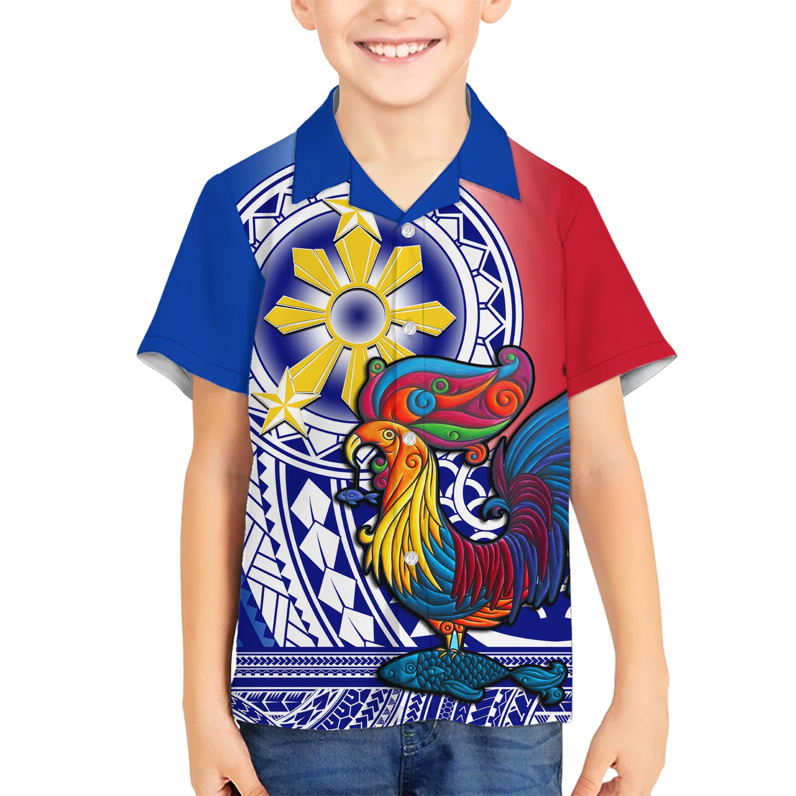 Personalised Philippines Kid Hawaiian Shirt Filipino Sarimanok With Polynesian Tattoo - Wonder Print Shop