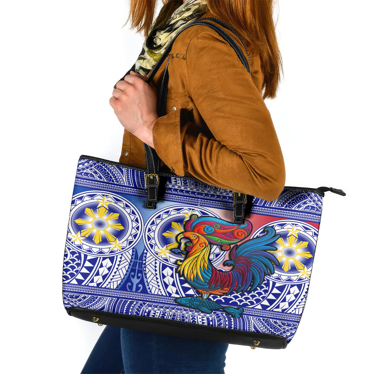 Personalised Philippines Leather Tote Bag Filipino Sarimanok With Polynesian Tattoo - Wonder Print Shop