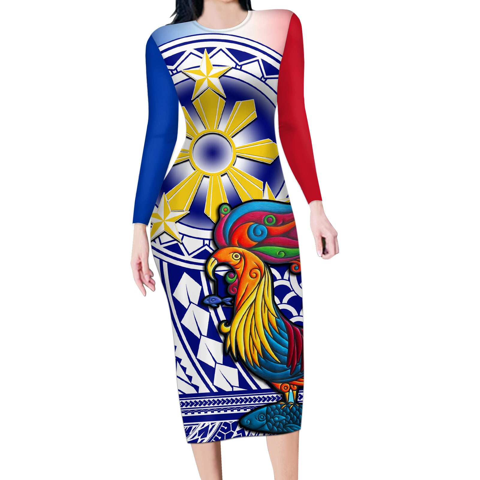 Personalised Philippines Long Sleeve Bodycon Dress Filipino Sarimanok With Polynesian Tattoo - Wonder Print Shop