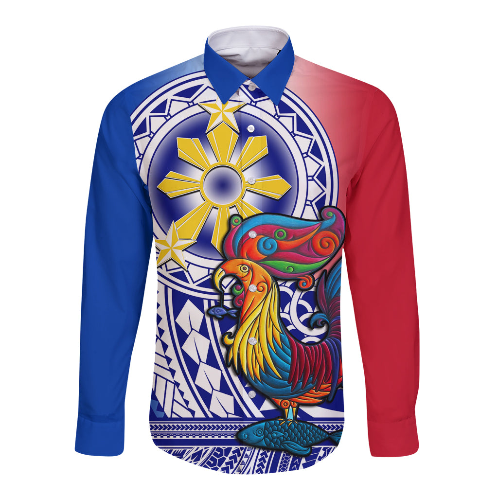 Personalised Philippines Long Sleeve Button Shirt Filipino Sarimanok With Polynesian Tattoo - Wonder Print Shop