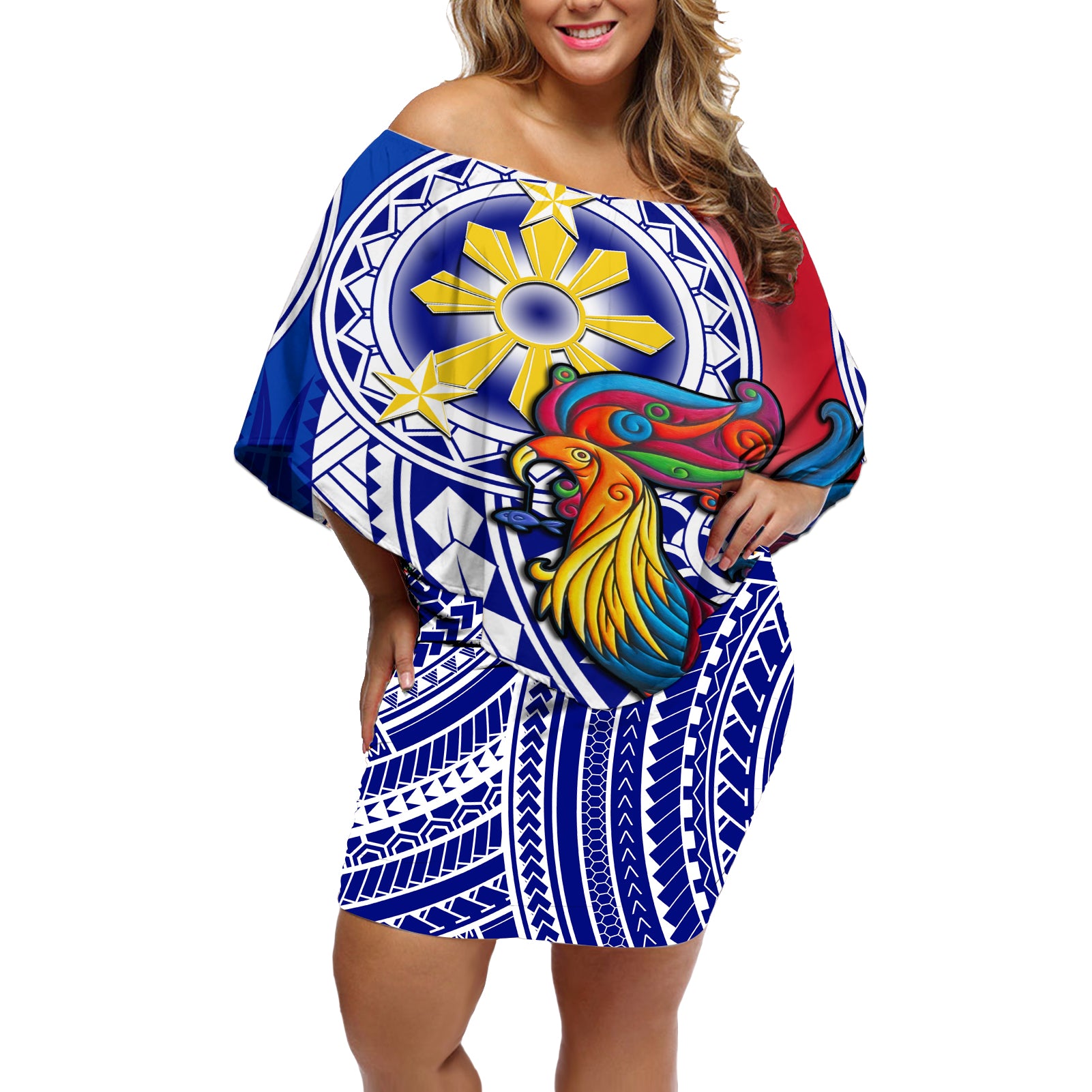 Personalised Philippines Off Shoulder Short Dress Filipino Sarimanok With Polynesian Tattoo - Wonder Print Shop