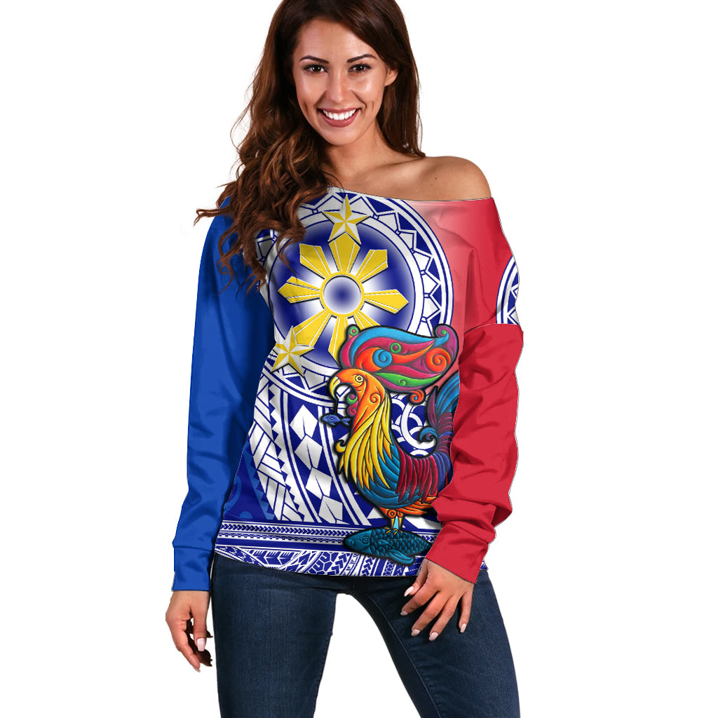 Personalised Philippines Off Shoulder Sweater Filipino Sarimanok With Polynesian Tattoo - Wonder Print Shop