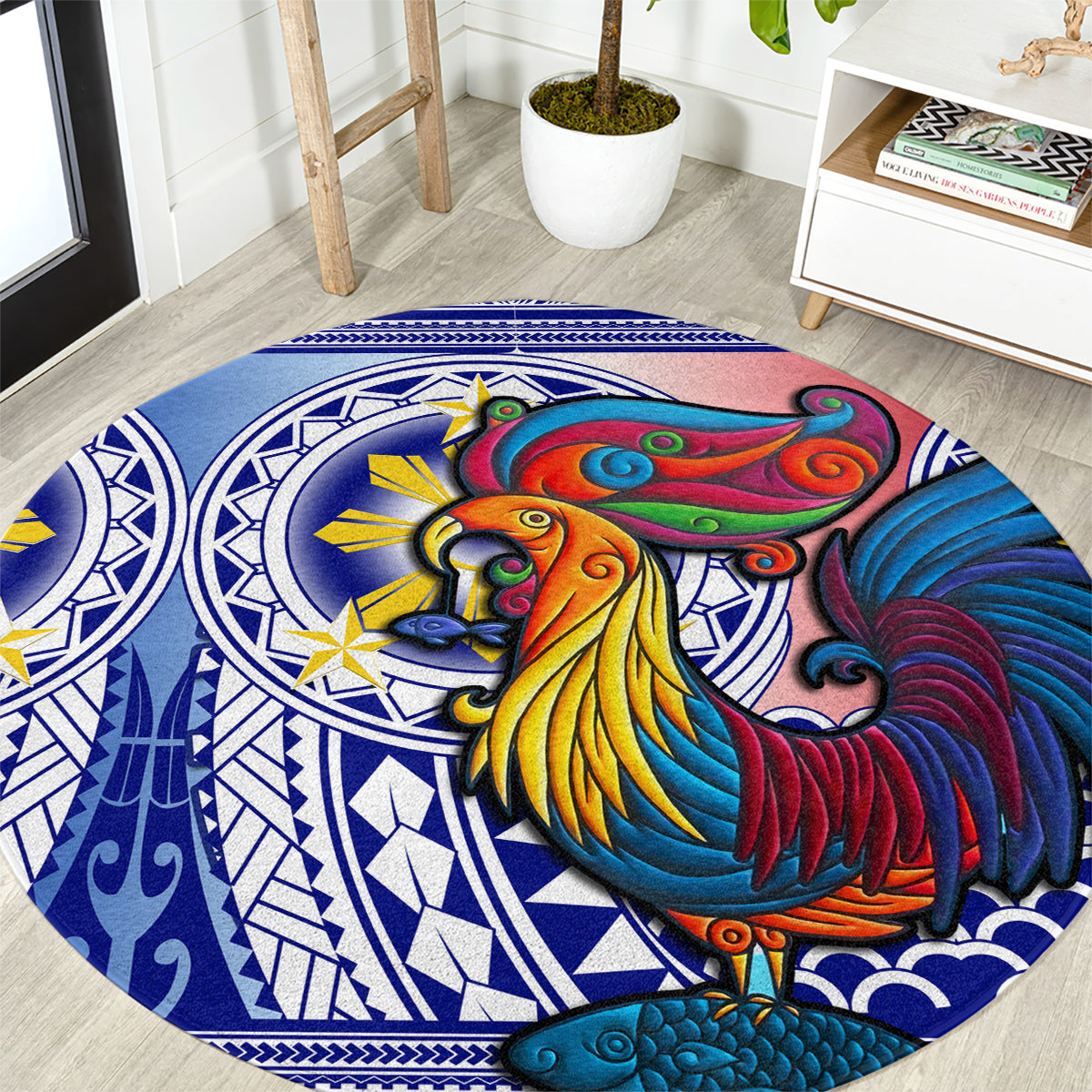 personalised-philippines-round-carpet-filipino-sarimanok-with-polynesian-tattoo