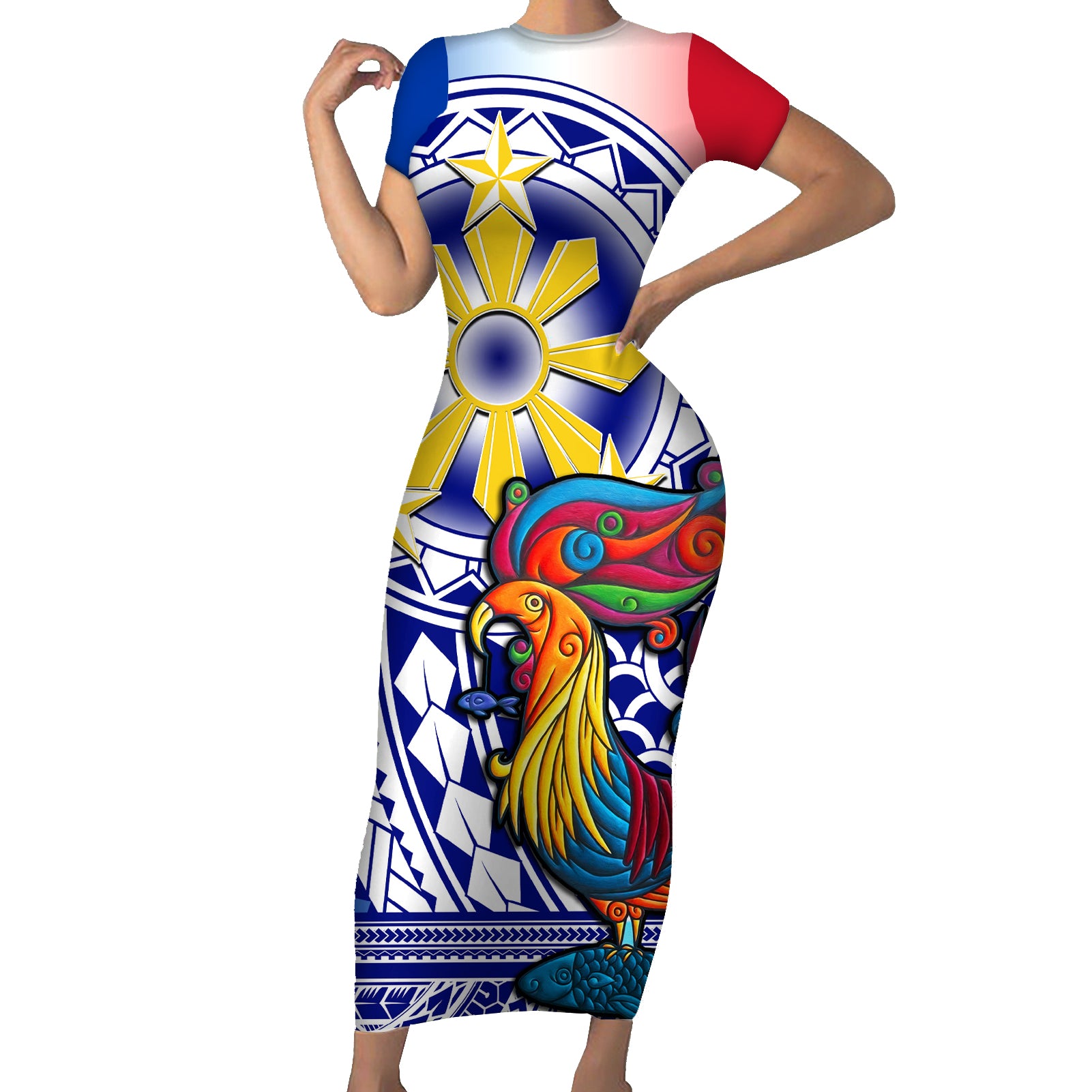 Personalised Philippines Short Sleeve Bodycon Dress Filipino Sarimanok With Polynesian Tattoo - Wonder Print Shop