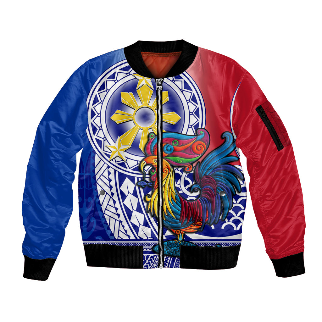 Personalised Philippines Sleeve Zip Bomber Jacket Filipino Sarimanok With Polynesian Tattoo - Wonder Print Shop