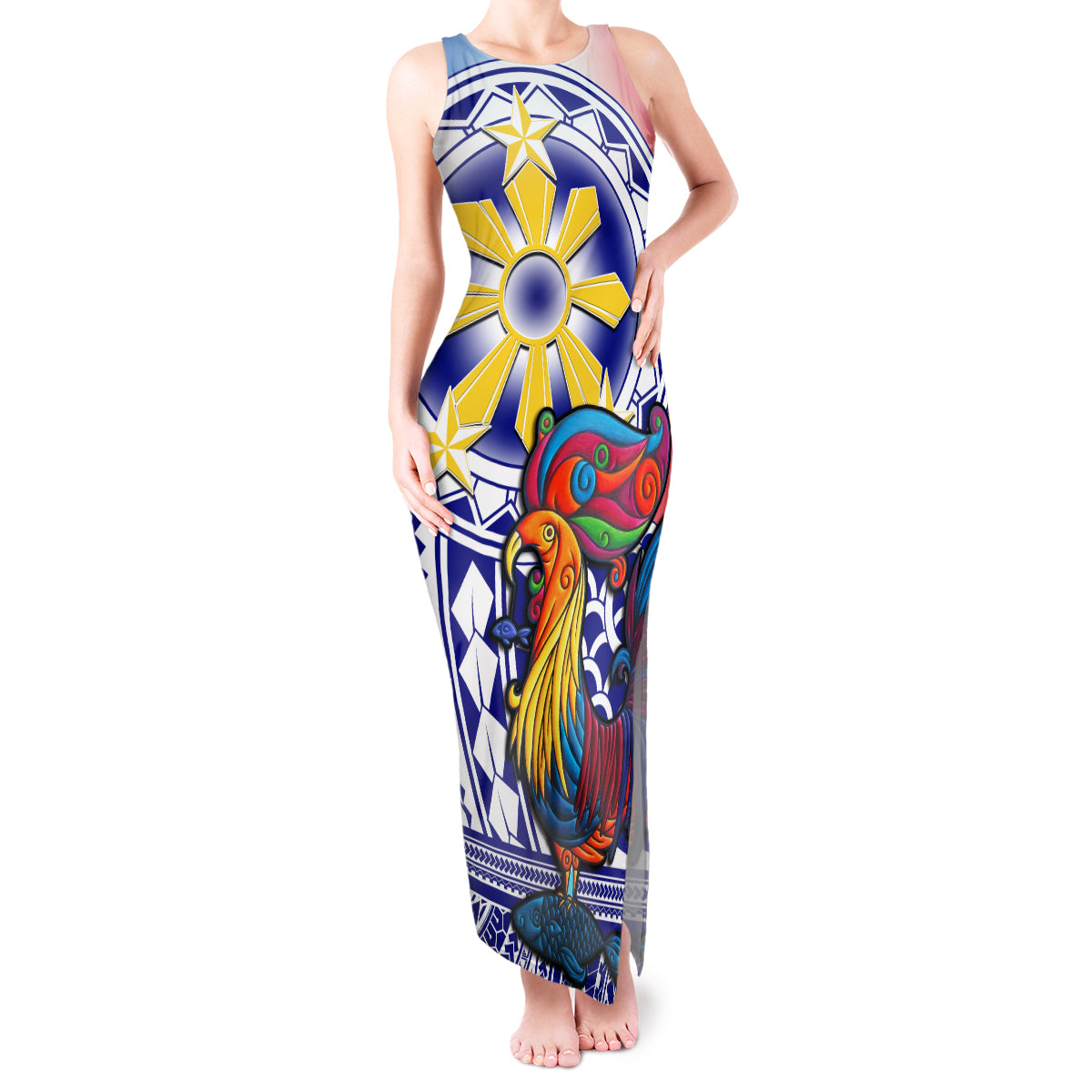 Personalised Philippines Tank Maxi Dress Filipino Sarimanok With Polynesian Tattoo - Wonder Print Shop