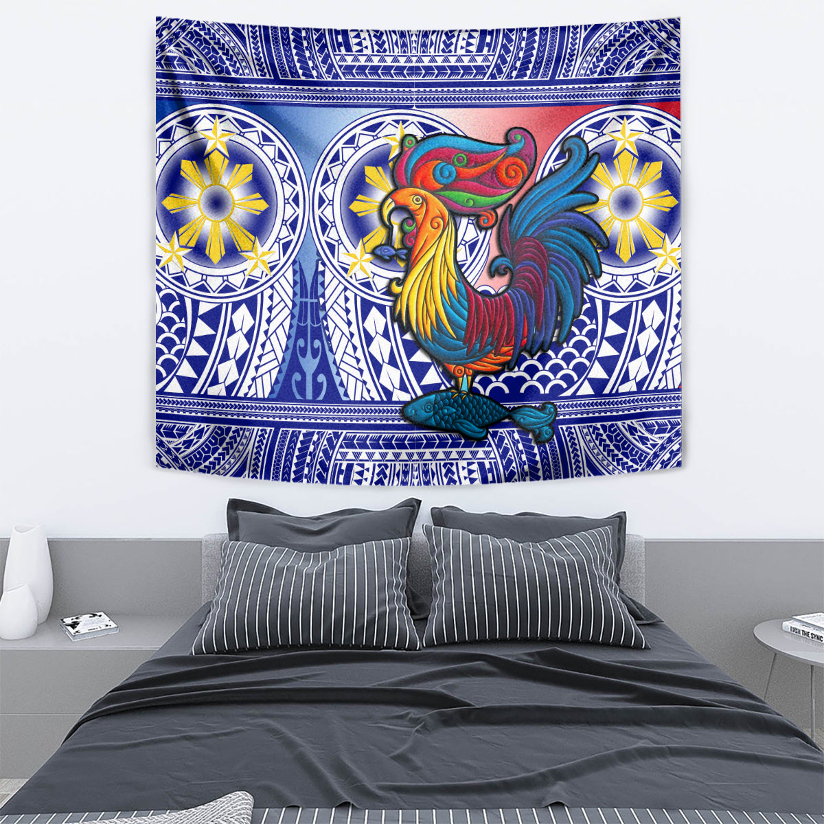 Blue sarimanok wall tapestry with circular ornaments and wave motifs