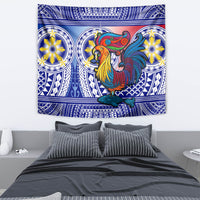 Blue sarimanok wall tapestry with circular ornaments and wave motifs