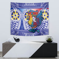 Blue Filipino sarimanok tapestry wall art with ornate geometric border