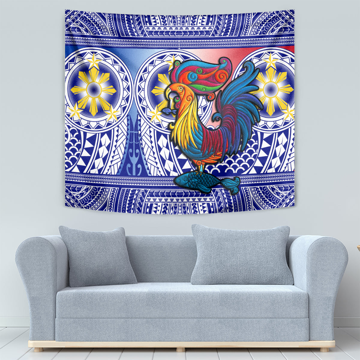 Blue sarimanok tapestry wall hanging with bird artwork and floral medallions