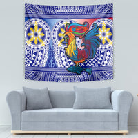 Blue sarimanok tapestry wall hanging with bird artwork and floral medallions
