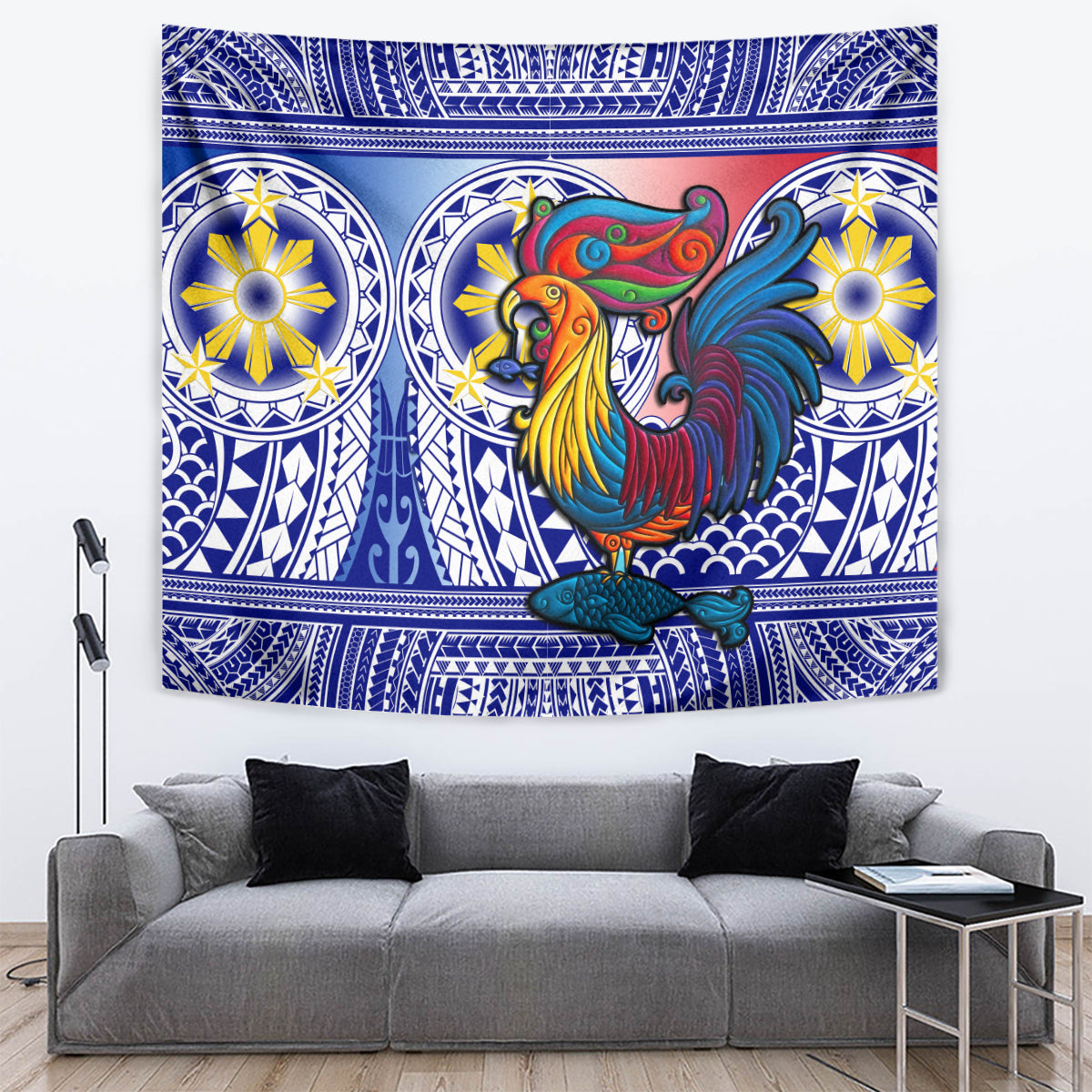 Blue sarimanok wall tapestry featuring colorful bird over blue geometric design