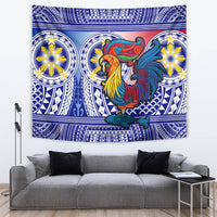 Blue sarimanok wall tapestry featuring colorful bird over blue geometric design