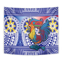 Blue sarimanok tapestry close-up with circular stars and colorful bird