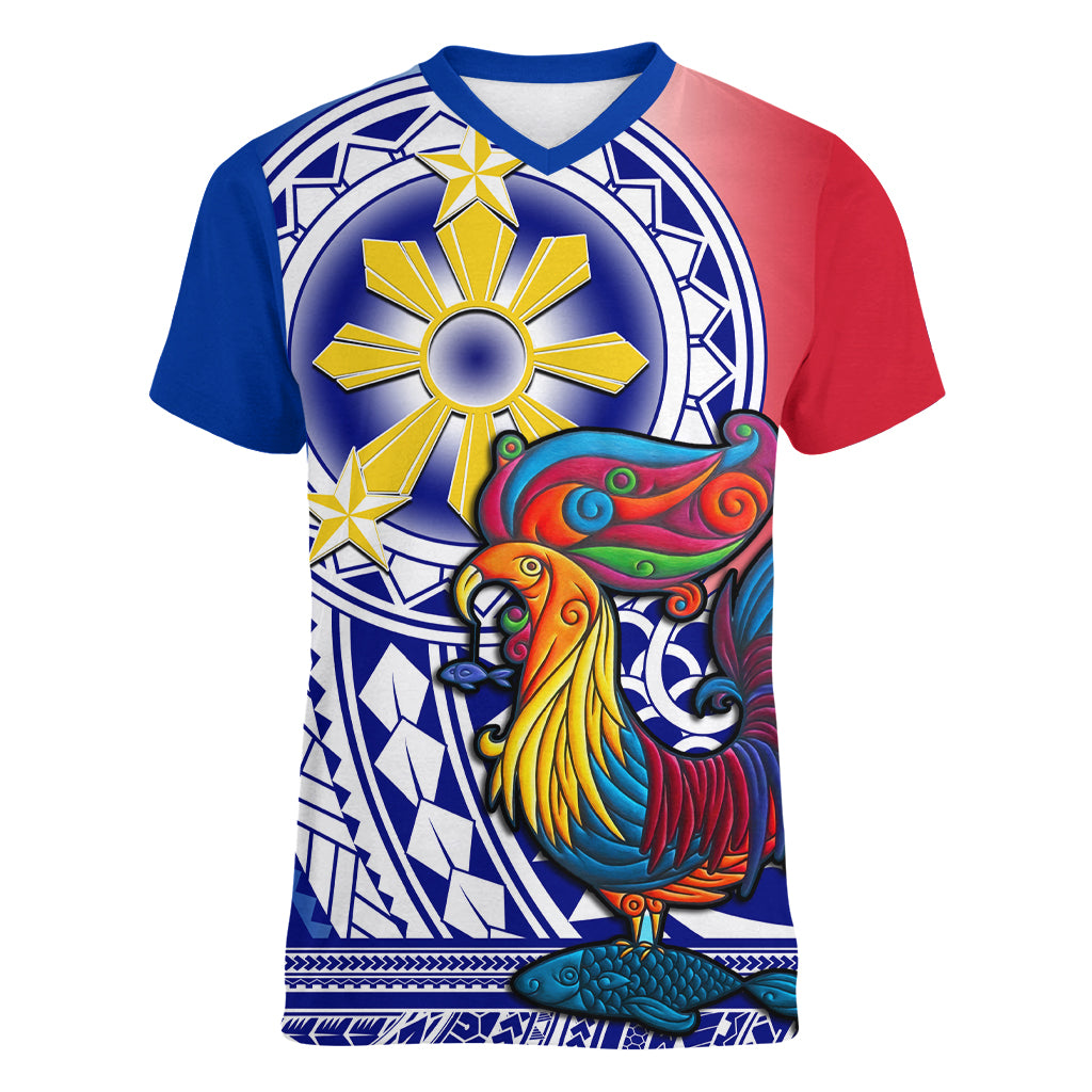 Personalised Philippines Women V Neck T Shirt Filipino Sarimanok With Polynesian Tattoo - Wonder Print Shop