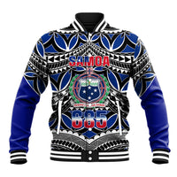 Blue baseball jacket with black-and-white tribal print, Samoa crest and 685 on front