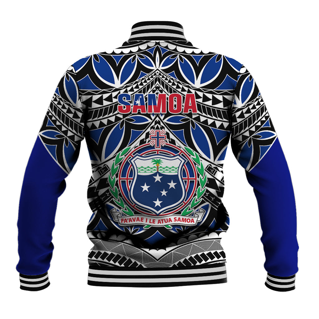 Blue baseball jacket with tribal crest and Samoa lettering on back, 685 below