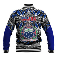 Blue baseball jacket with tribal crest and Samoa lettering on back, 685 below
