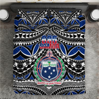 Samoa-themed bedding duvet cover with 685 Samoa crest and blue geometric pattern
