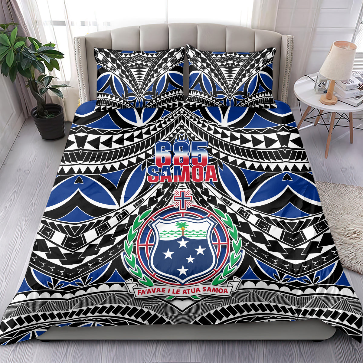 Samoa bedding duvet cover with 685 Samoa logo, crest emblem, and blue tribal stripes