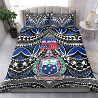 Samoa bedding duvet cover with 685 Samoa logo, crest emblem, and blue tribal stripes